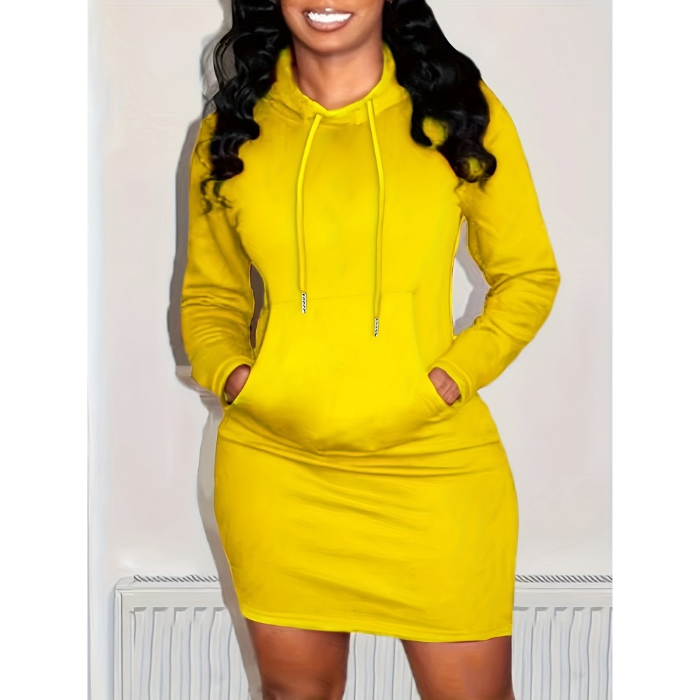 Plain Kangaroo Pocket Sporty Dress, Long Sleeves Slight Stretch Hooded Sports Dress, Women's Activewear