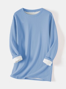 Women's Pullover Winter Warm Plush Lining Long Sleeve Sweatshirt, Slim Fit Warm Top,  Women's Clothing